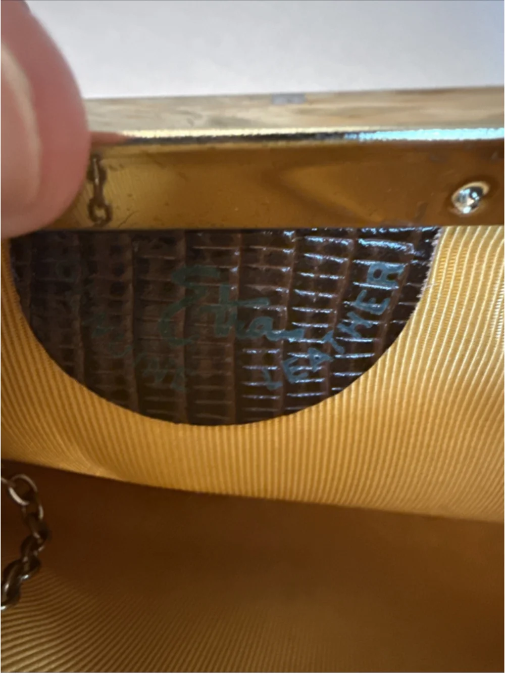 Vintage Etra Leather Lift Clasp Clutch with Chain Bag, Clean Lizard Embossed EUC